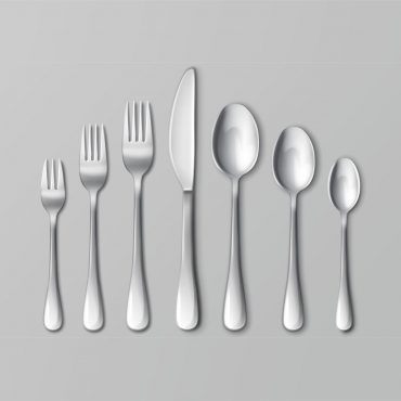 Set of flatwere Vector set of silverware or flatware, top view. Isolated on gray background