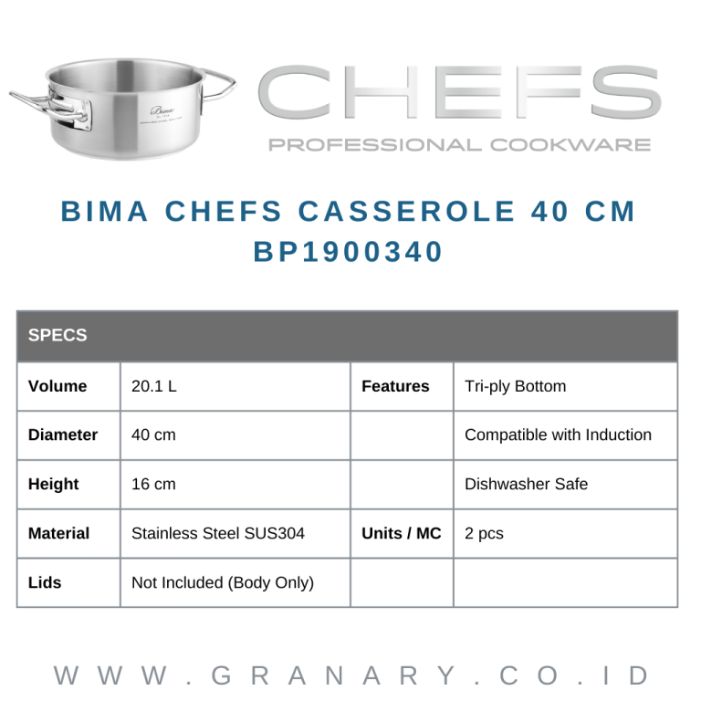 Bima Chefs Casserole D40cm x H16cm, 20.1L, SUS 304 (Body Only ...